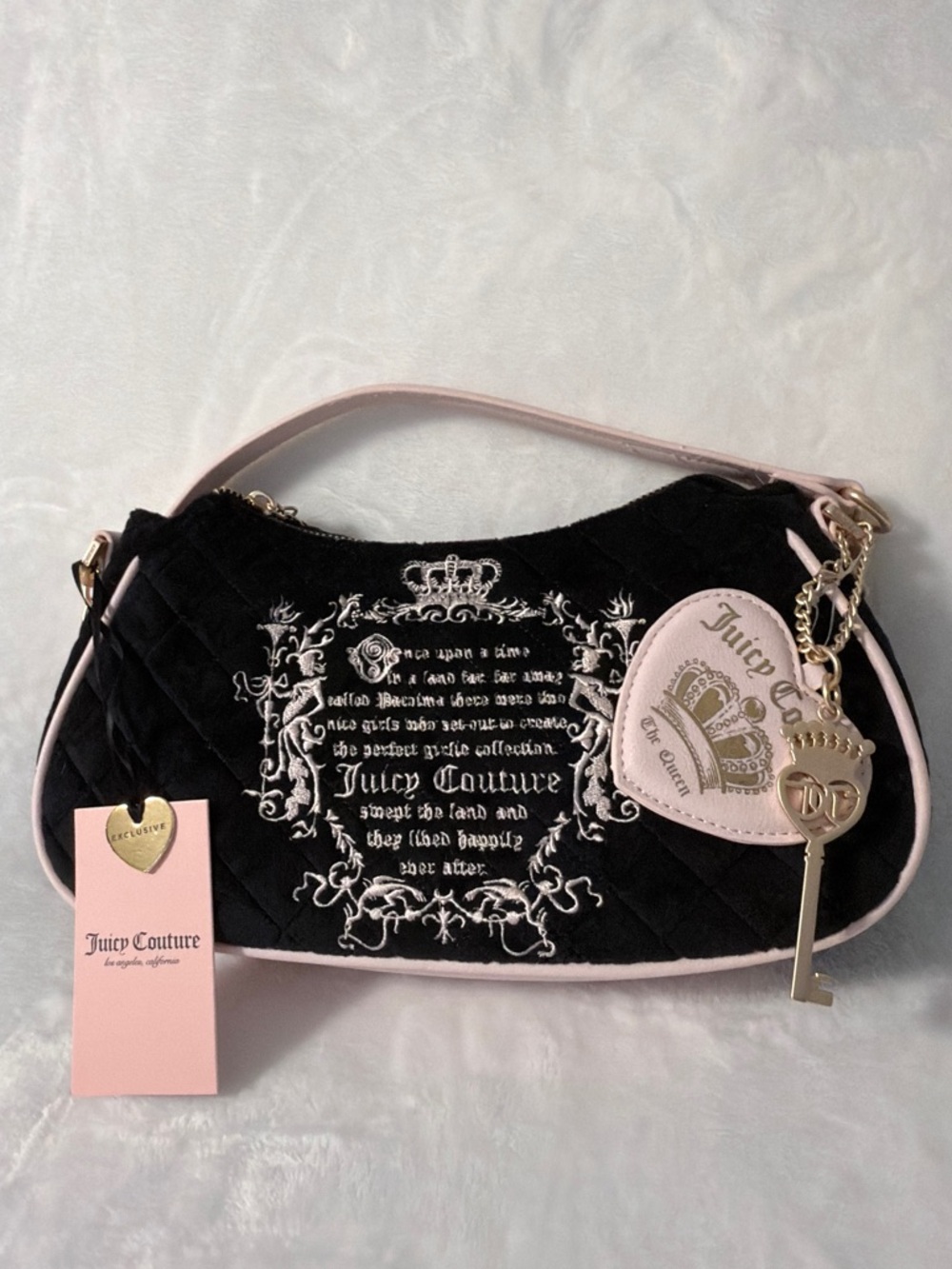 Juicy Couture Black Quilted Shoulder Bag with Pale Pink Trim and Charms